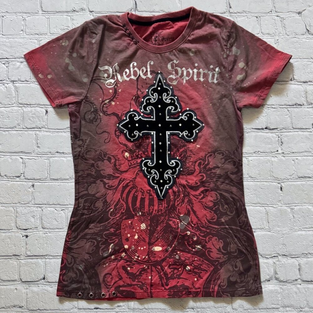 Womens Rebel Spirit Rhinestone Cross Eyelet Tie Dye T Shirt Vintage Biker Medium